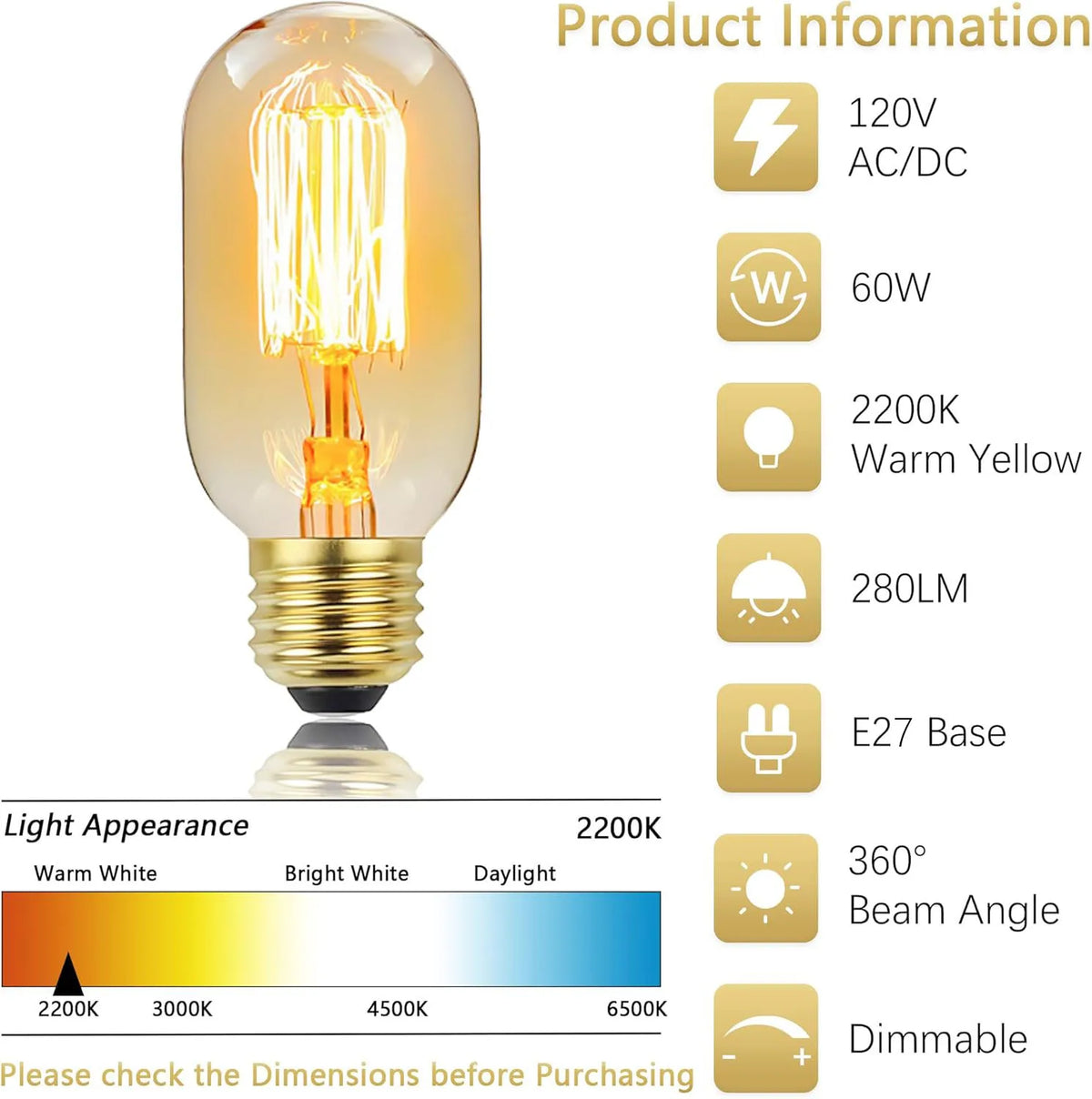 ampoule led filament transparente dorée vintage e27 45mm 115mm 249lm 10000h