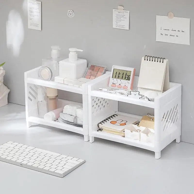 organisateur transparent moderne rangement étagère blanche miroir plante stylo carnet clavier tasses bouteilles couteau