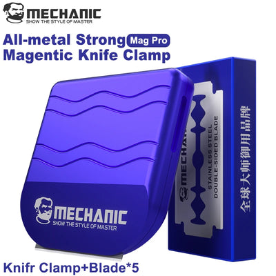 Porte-couteau magnétique Mag Pro bleu fixé au mur