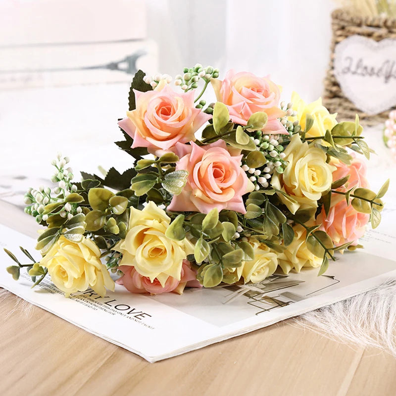 fleurs artificielles bouquet rose blancs bleus vertes mariage romantique intérieur extérieur