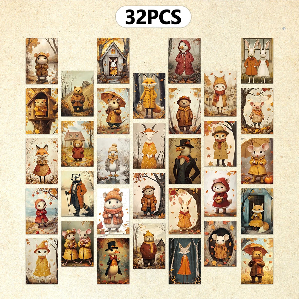 cartes postales illustratives vintage animaux mignonnes automnales multicolores clips inclusion