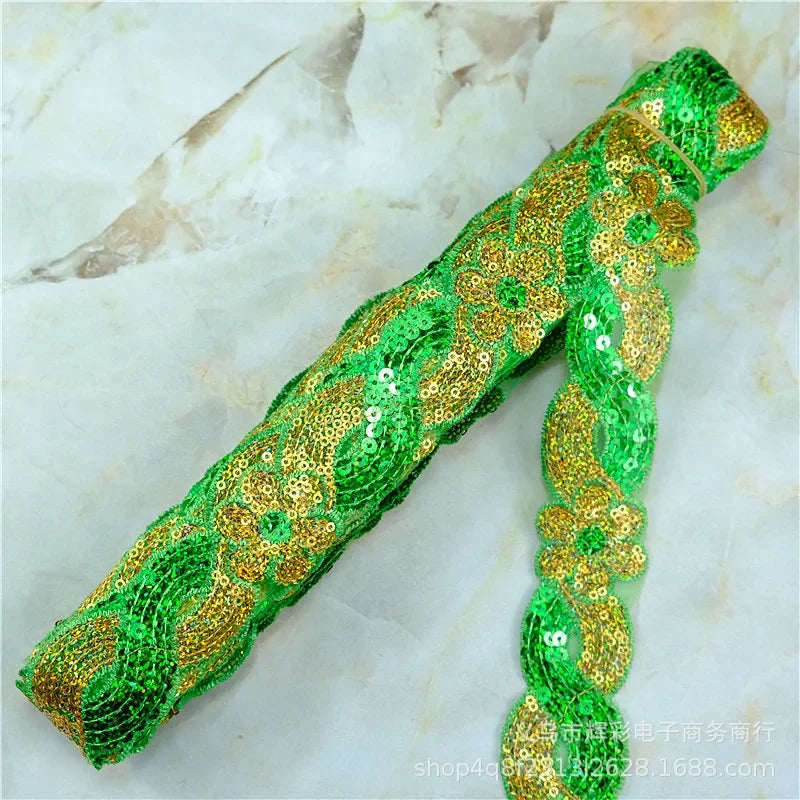 ruban décoratif dentelle sequins fleurs 4cm bleu vert rouge rose or argent partie
