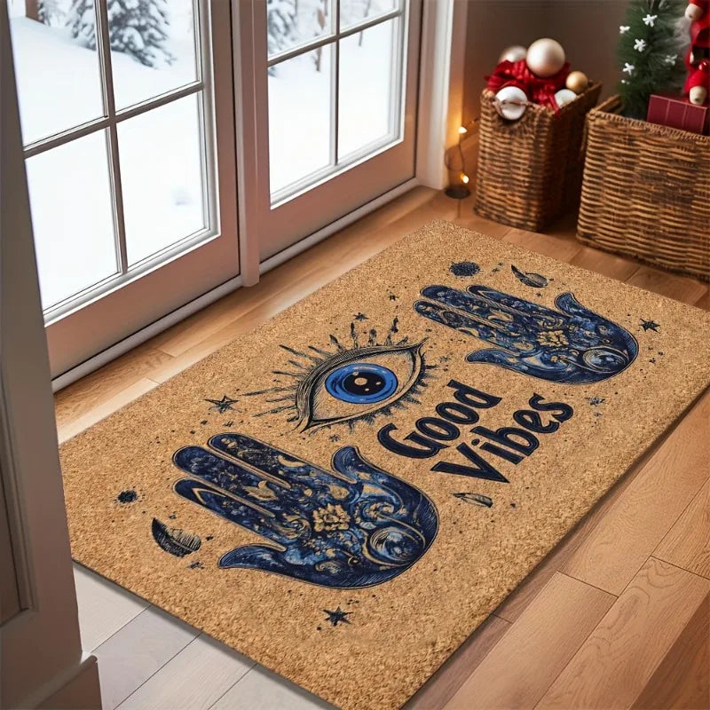 paillasson spiritualité motif mains fatima antidérapant intérieur extérieur beige bleu doré polyester