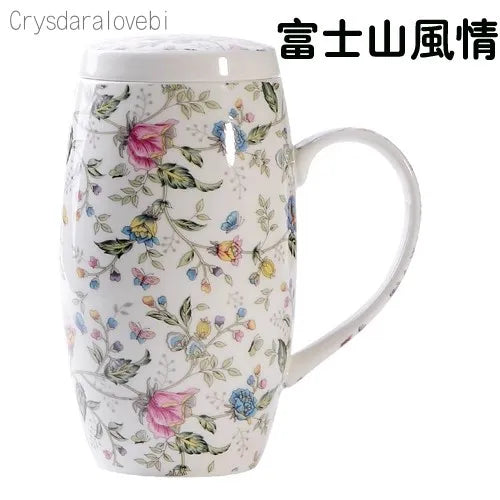 tasses thé céramique fleurs classiques poignées couvercle blanc rose vert