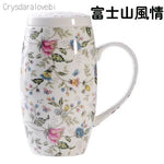 tasses thé céramique fleurs classiques poignées couvercle blanc rose vert