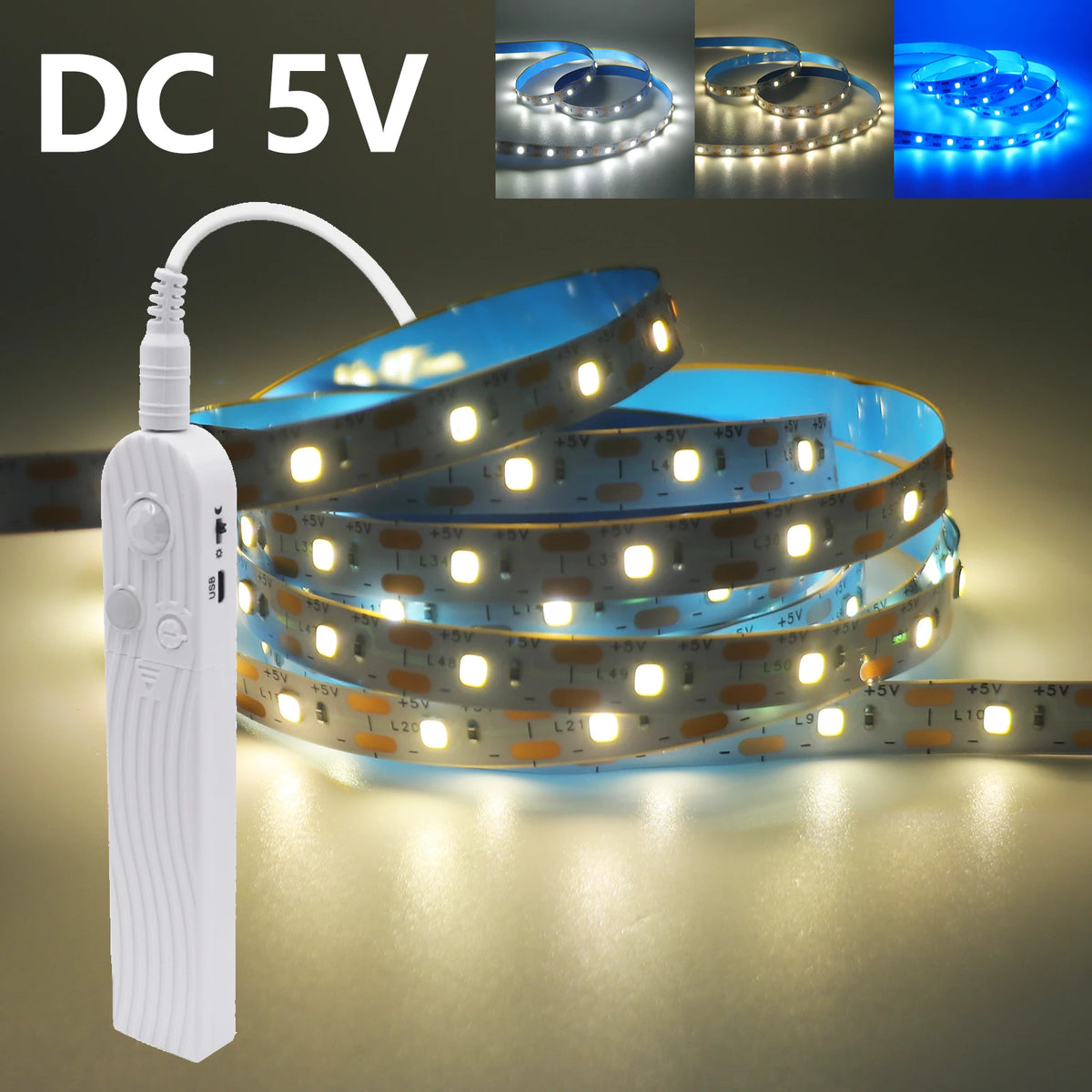ruban led flexible bleu blanc moderne adhésif détecteur mouvement piles time delay 120° angle