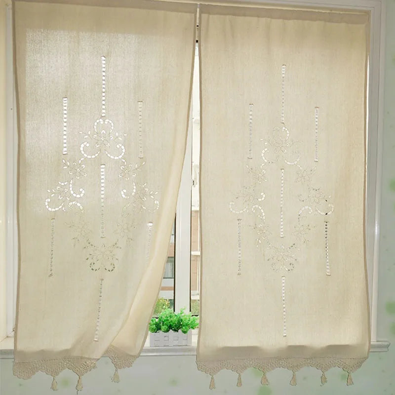 rideaux romains coton brodé pastoral motifs floraux crème semi transparents décoration maison vintage