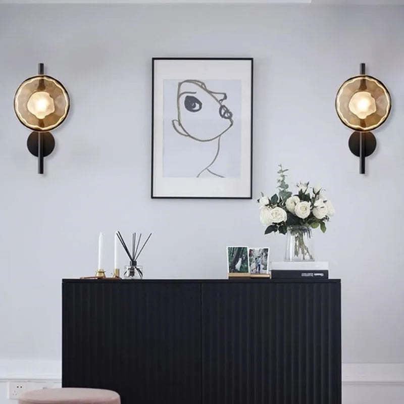 lumière murale moderne verre texturé noir doré contemporaine deux ampoules LED