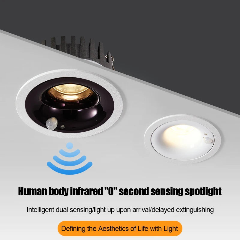 Spot lumineux intelligent anti reflet capteur mouvement 3000K 4000K 6000K blanc noir moderne minimaliste