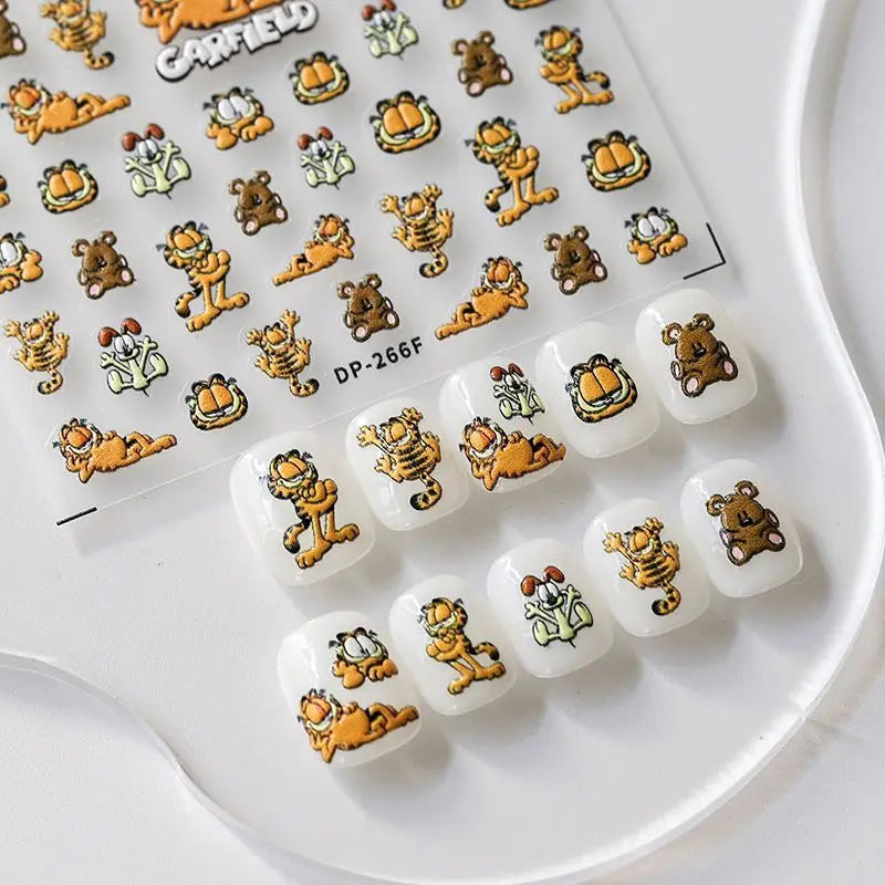 autocollants ongles garfield dessins animés orange blanc vert marron noir adhésifs cartoonaufs ongles DIY