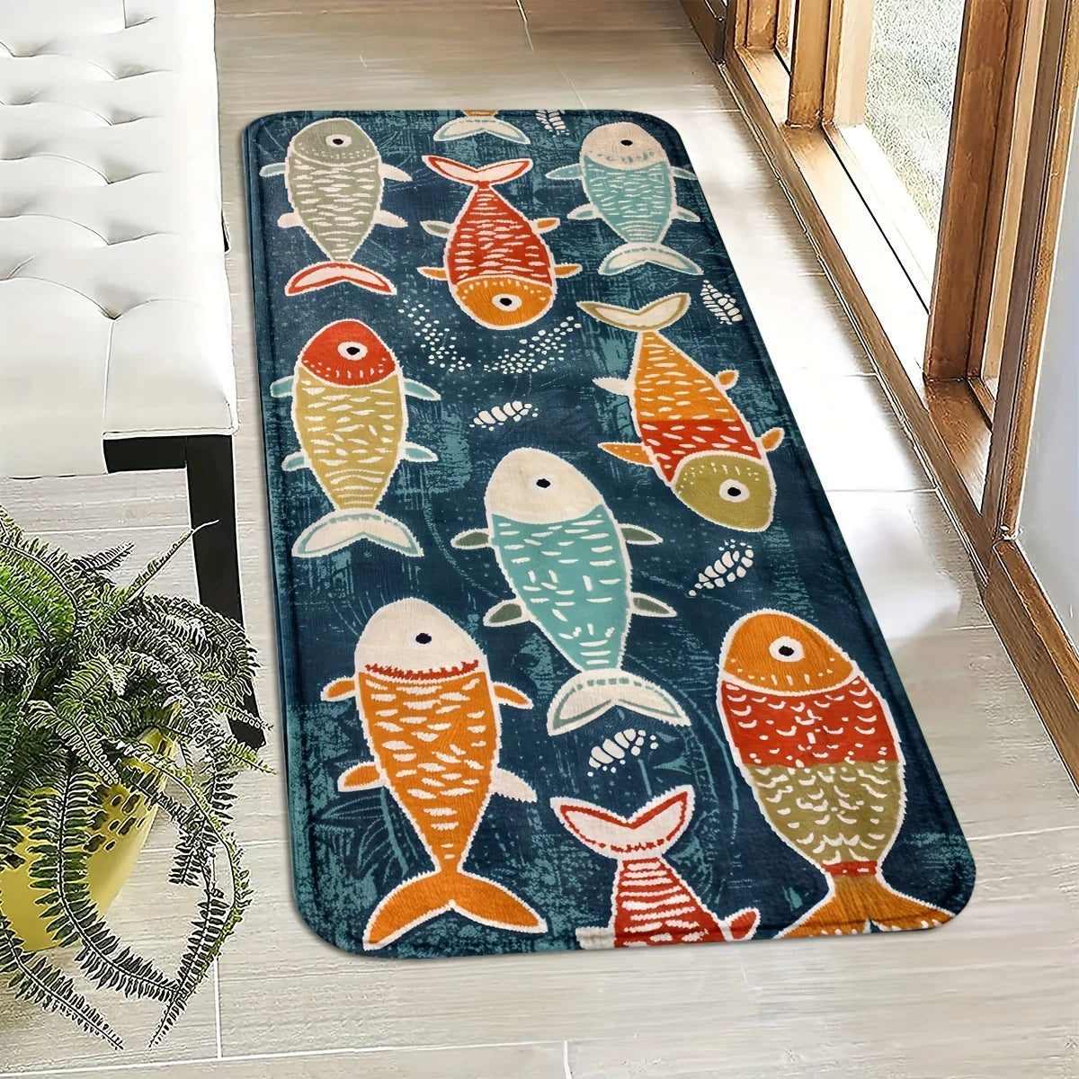 tapis poissons colorés moderne imperméable fond antidérapant polyester velours intérieur extérieur bleu foncé orange