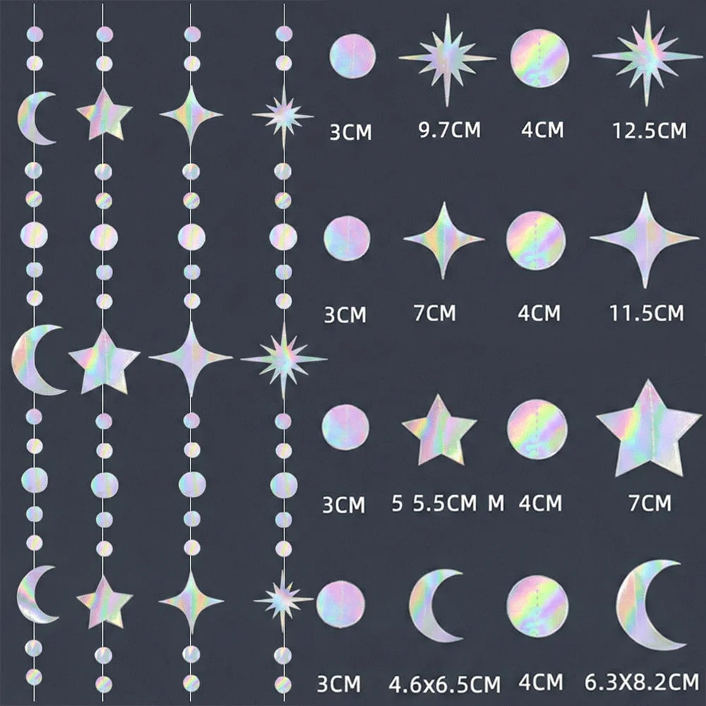 guirlande décorative festif étoiles lunes cercles iridescent mariage anniversaire eid mubarak holographique brillant