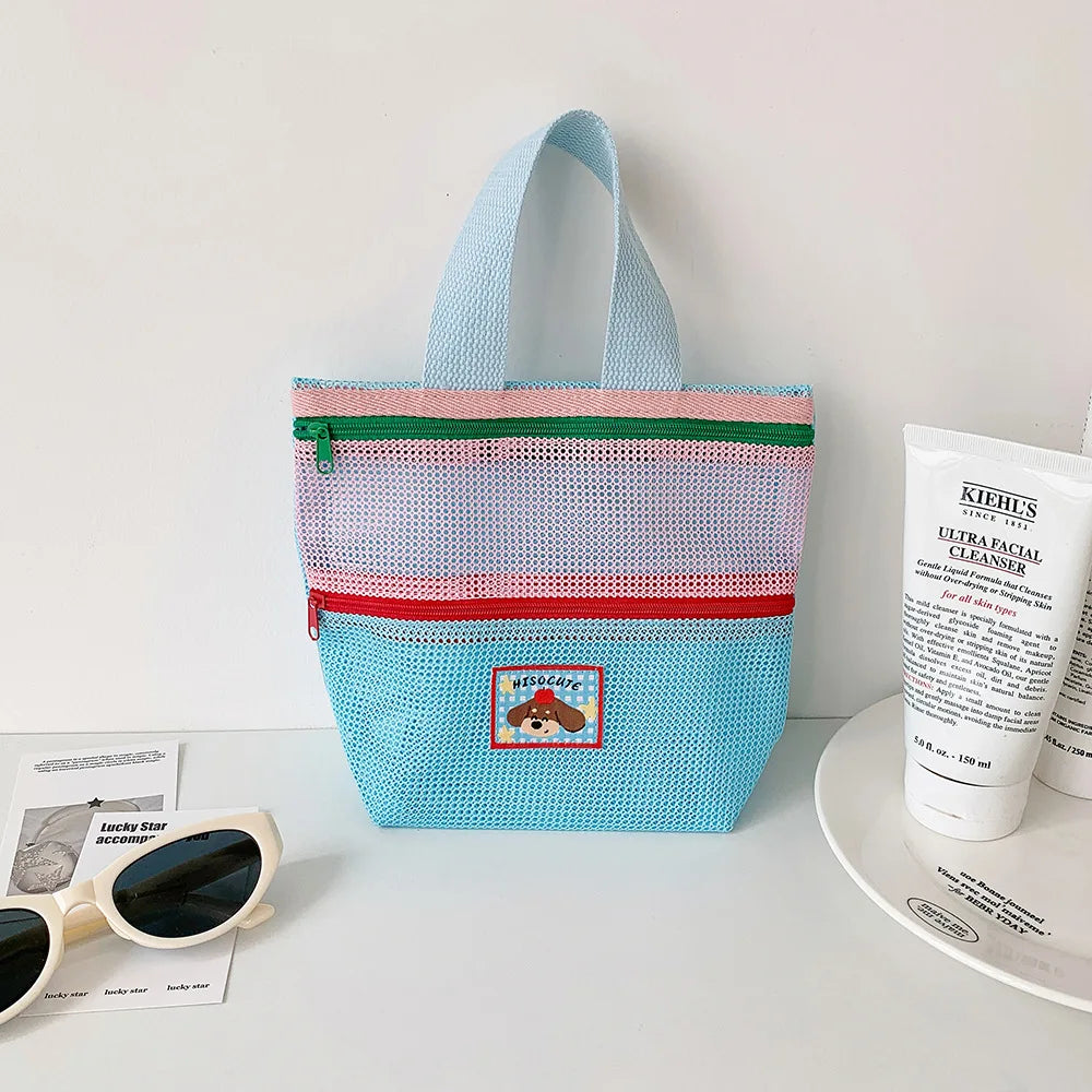 sac main reutilisable maille polyestere bleu rose moderne portable poignees étui cosmétiques voyage