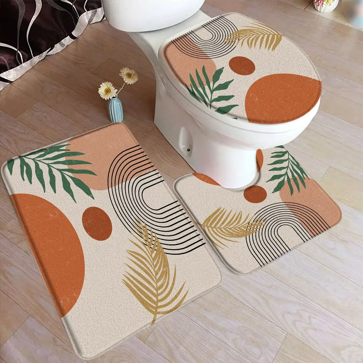 tapis bain ensemble moderne abstrait feuilles palmier couleur beige orange vert doré