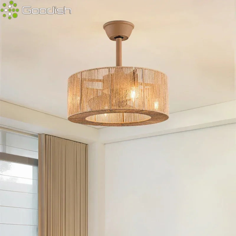 lampe suspendue tissu tressé beige moderne rustique télécommande led salon chambre