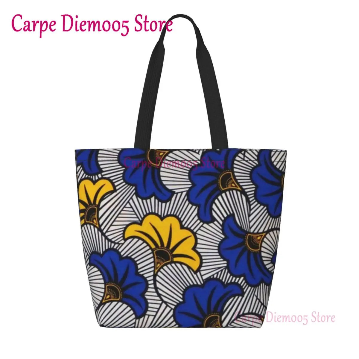 sac main femme bleu jaune blanc motif fleurs stylisées grand cabas shopping moderne