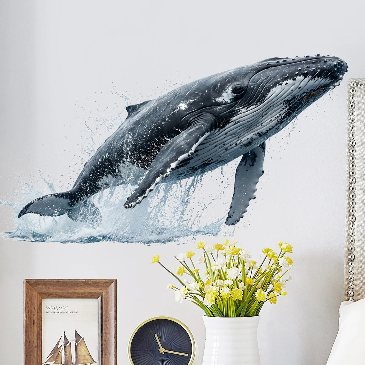 décoration murale baleine sautant eau noir blanche texturée adhésive intérieur moderne réaliste autocollant vinyle