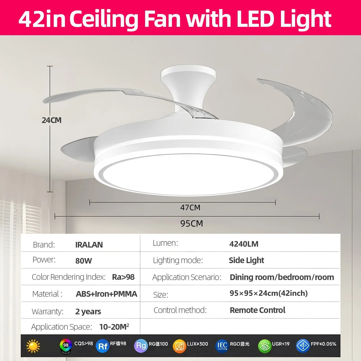 ventilateur rétractable blanc moderne lampe led vitesses télécommande minimaliste lumière variable pales invisibles