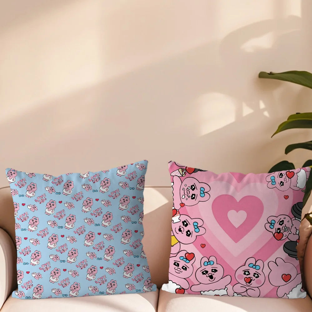 coussin carré polyester dessin animé personnages coeurs bleu rose moderne