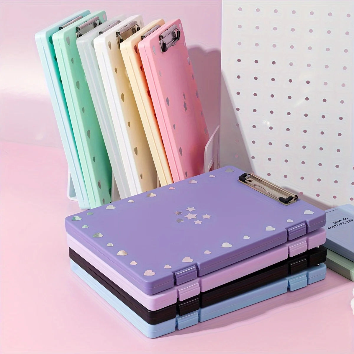 porte dossiers a4 moderne bleu clair vert rose jaune violet clips métalliques points blancs