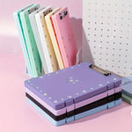 porte dossiers a4 moderne bleu clair vert rose jaune violet clips métalliques points blancs