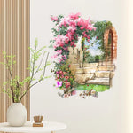 autocollant mural rose blanc vert fleurs pierres arche réaliste résistant eau facile dimension 52cm