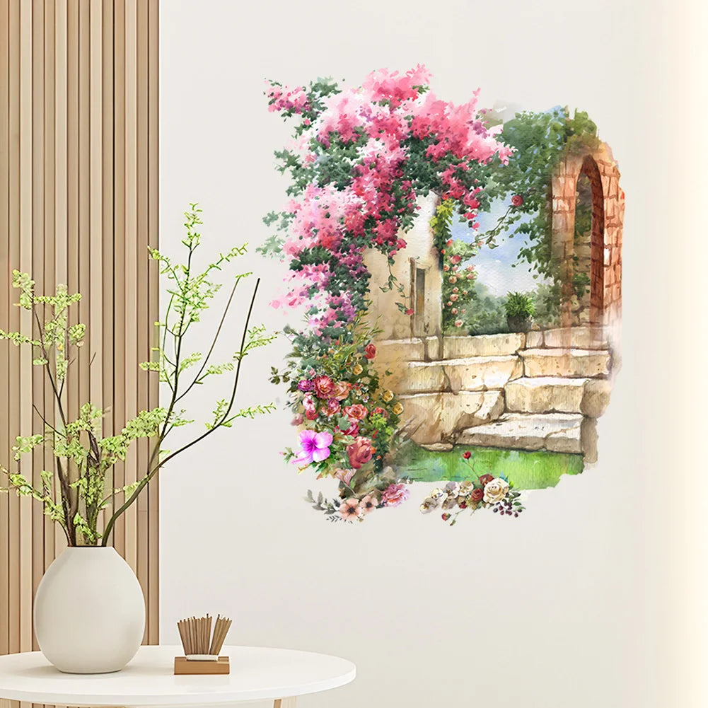 autocollant mural rose blanc vert fleurs pierres arche réaliste résistant eau facile dimension 52cm