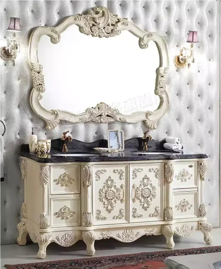 meuble salle bain blanc marbre ornements baroques vasque miroir accessoires classique autonome bois