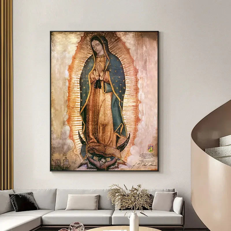 tableau classique religieux rayons lumineux couleur marron beige bleu doré sans cadre maison salon