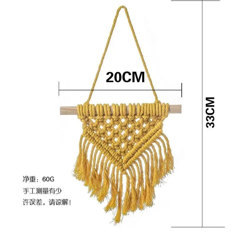 tapisserie macramé jaune franges bohème moderne coton tiges bois opaque