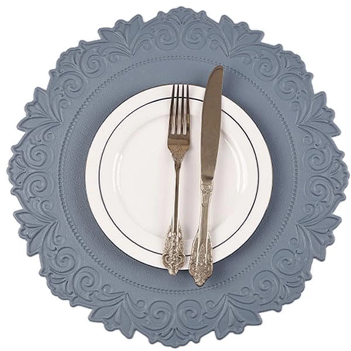 Placemats ronds faux cuir ornements floraux gris classiques résistants l'eau chaleur