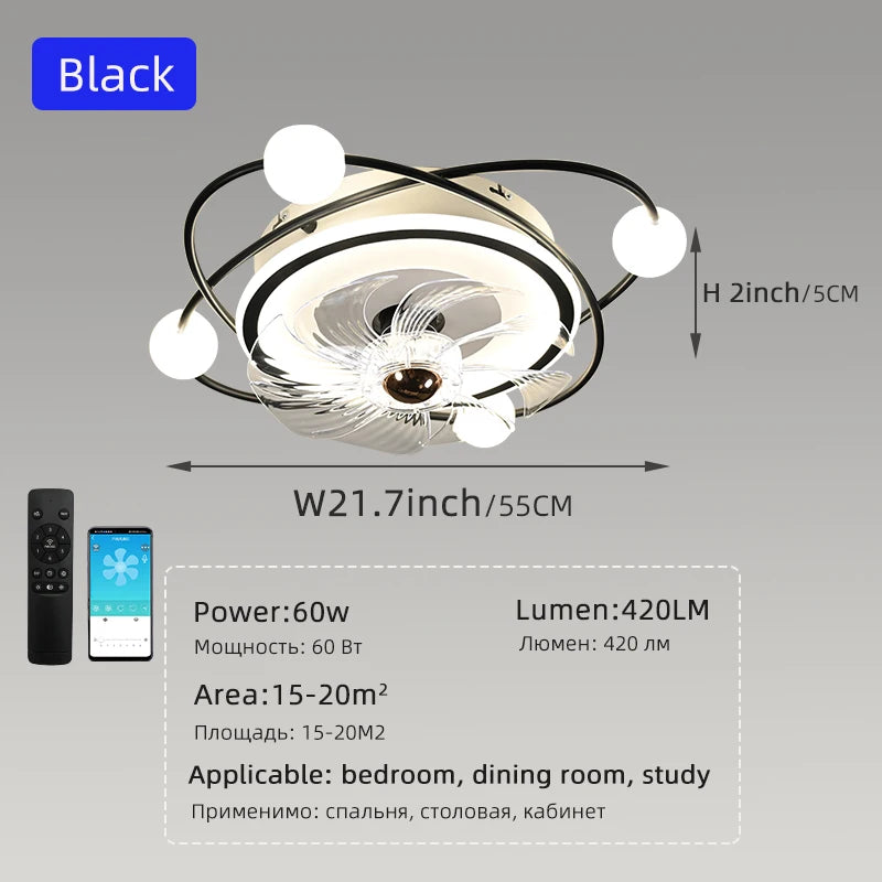 ventilateur moderne sphères blanches anneaux dorés télécommande lumière led salon luxe
