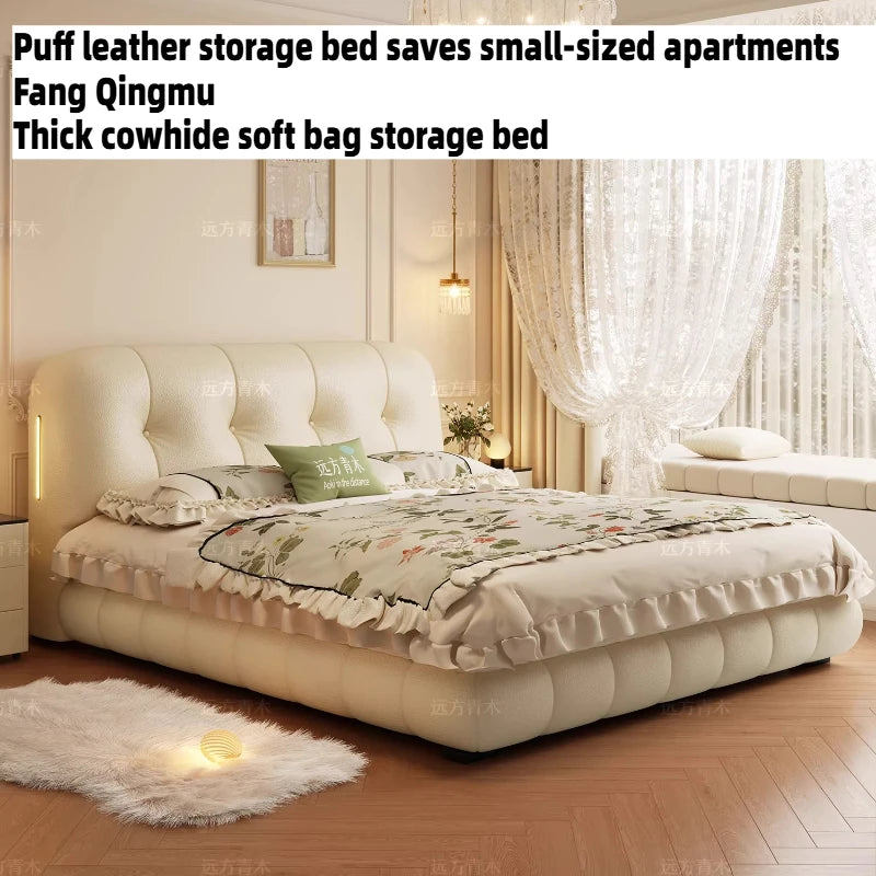 lit rangement moderne beige clair texture cuir bordures fronces 1800mm large