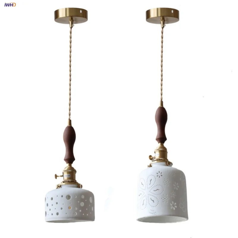 lampe suspendue led blanc doré noyer perforations vintage rustique ampoule e27