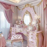 coiffeuse baroque miroir tiroirs éclairés rose poudré blanc crème doré