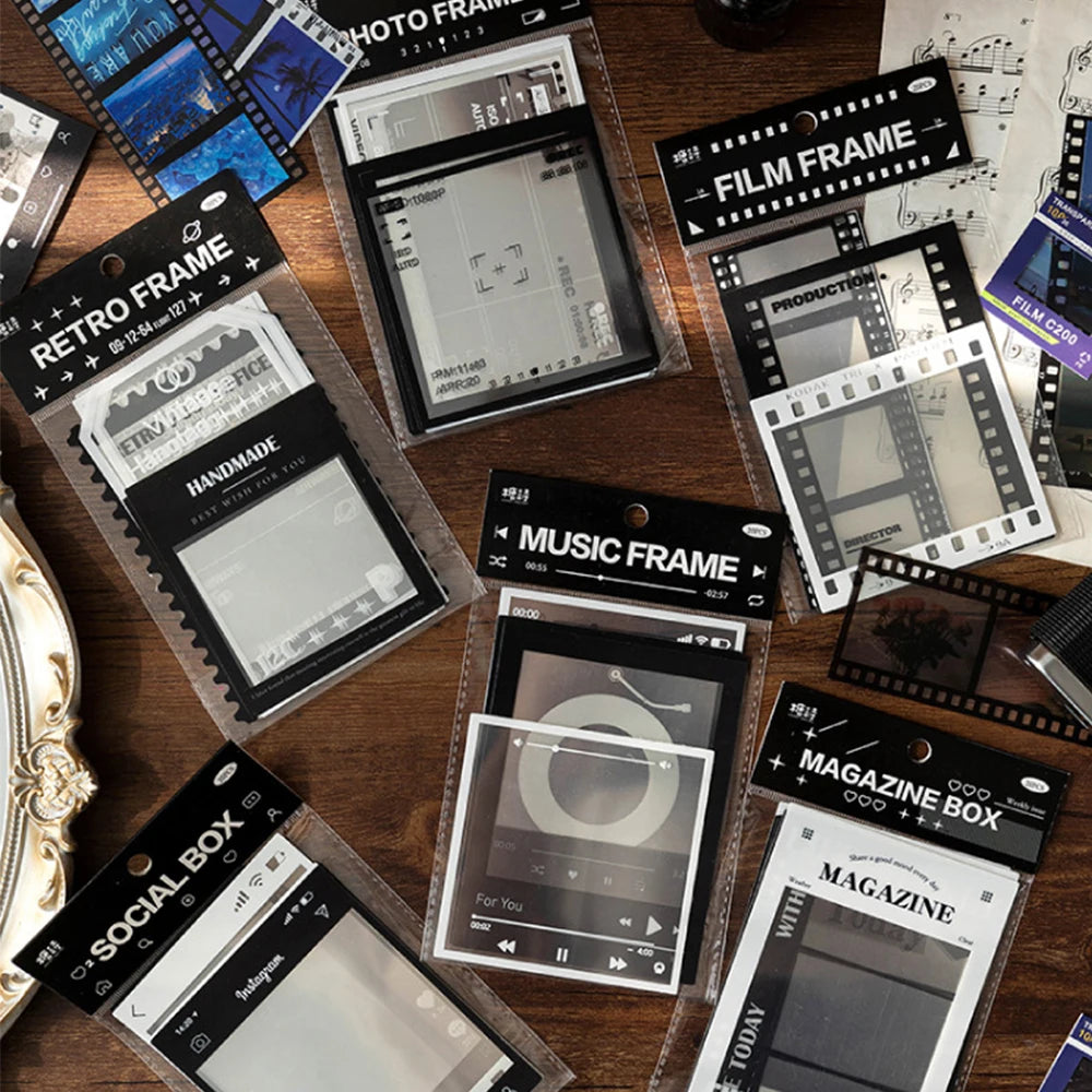 cadres photo vintage transparents motifs film musique papier scrapbooking boîte magazine clips adhésifs