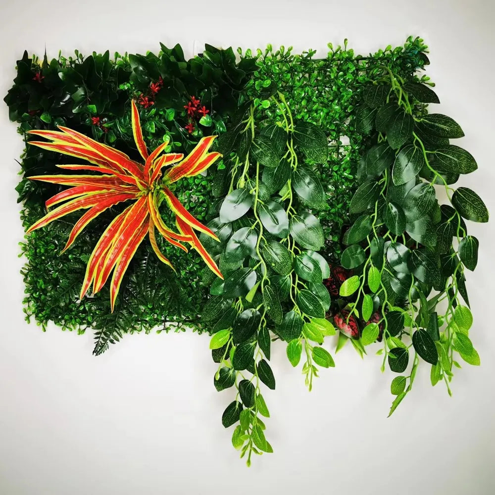 plantes artificielles vertes feuilles variées fruits rouges extérieures accrochées décoration naturelle maison exposition
