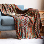couverture plaid bohème ethnique rouge orange marron turquoise beige zigzag franges adaptable maison