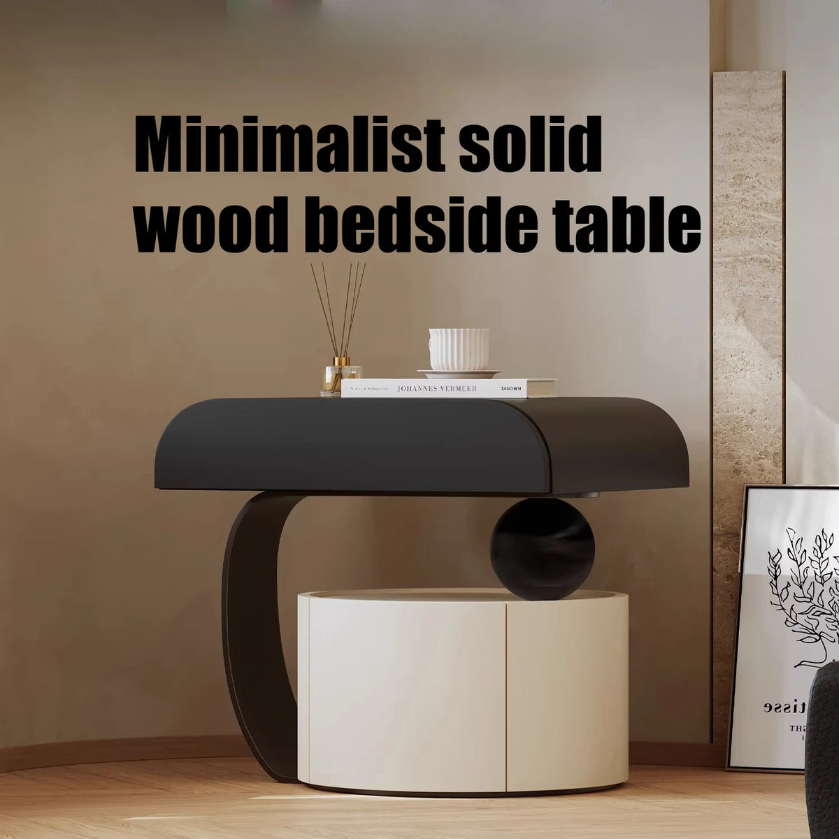 table chevet moderne minimaliste bois noir tiroir double porte chambre noire crèmeintérieurclair