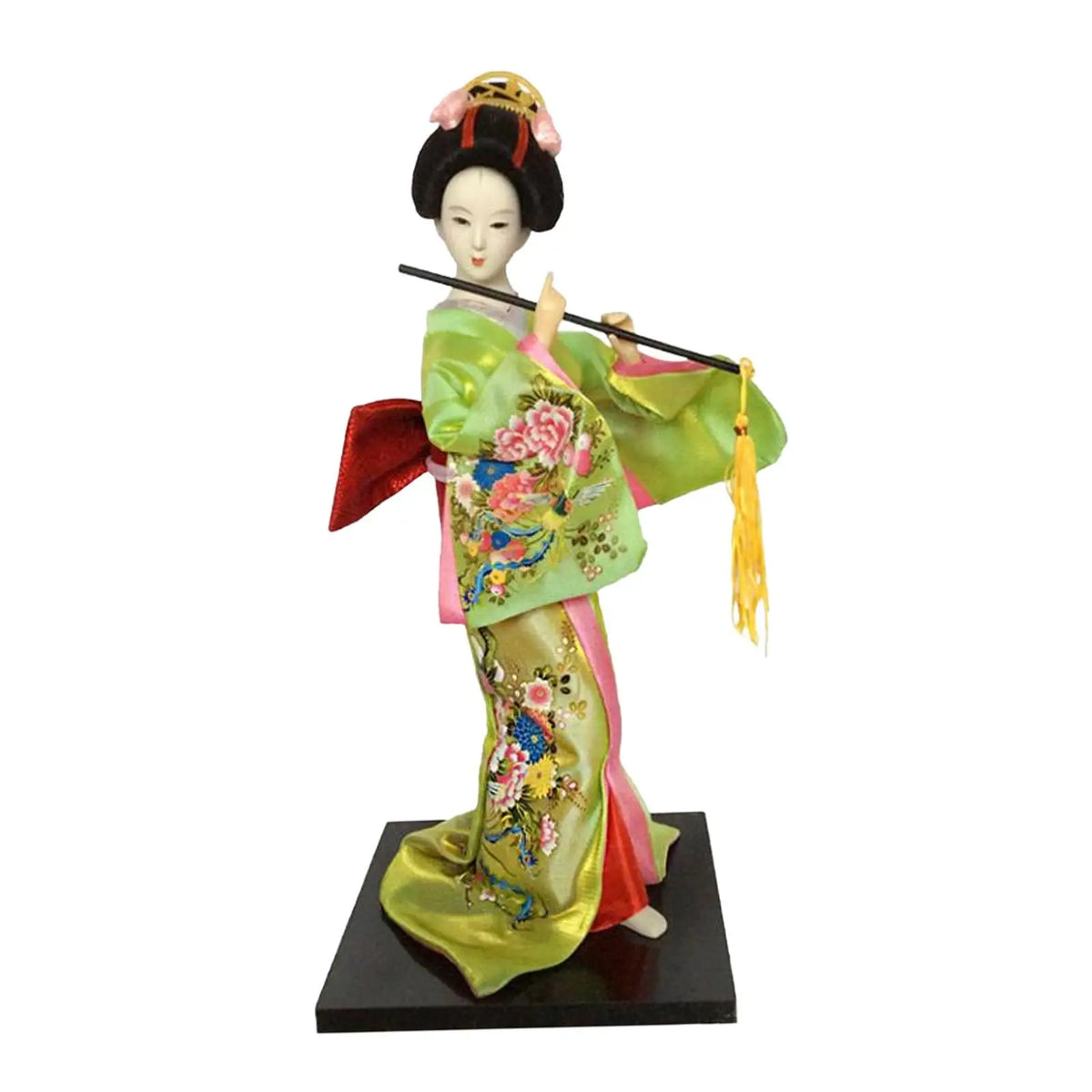 poupée japonaise geisha argile broderie florale motifs géométriques accessoires traditionnels blanc rouge vert bleu