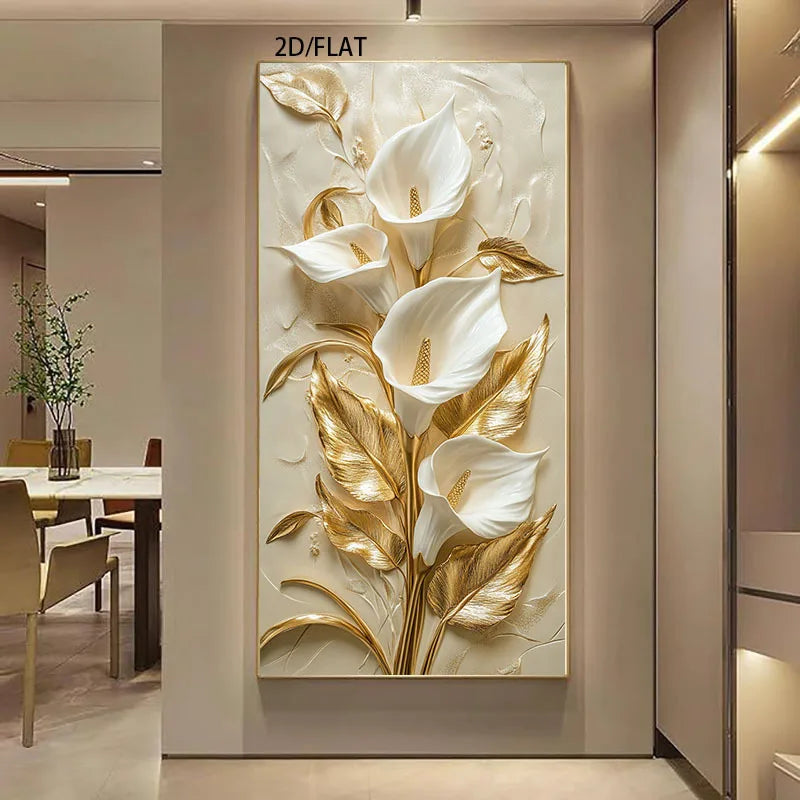 toile peinte fleurs blanches feuilles dorées art contemporain sans cadre 3d élégante moderne impression