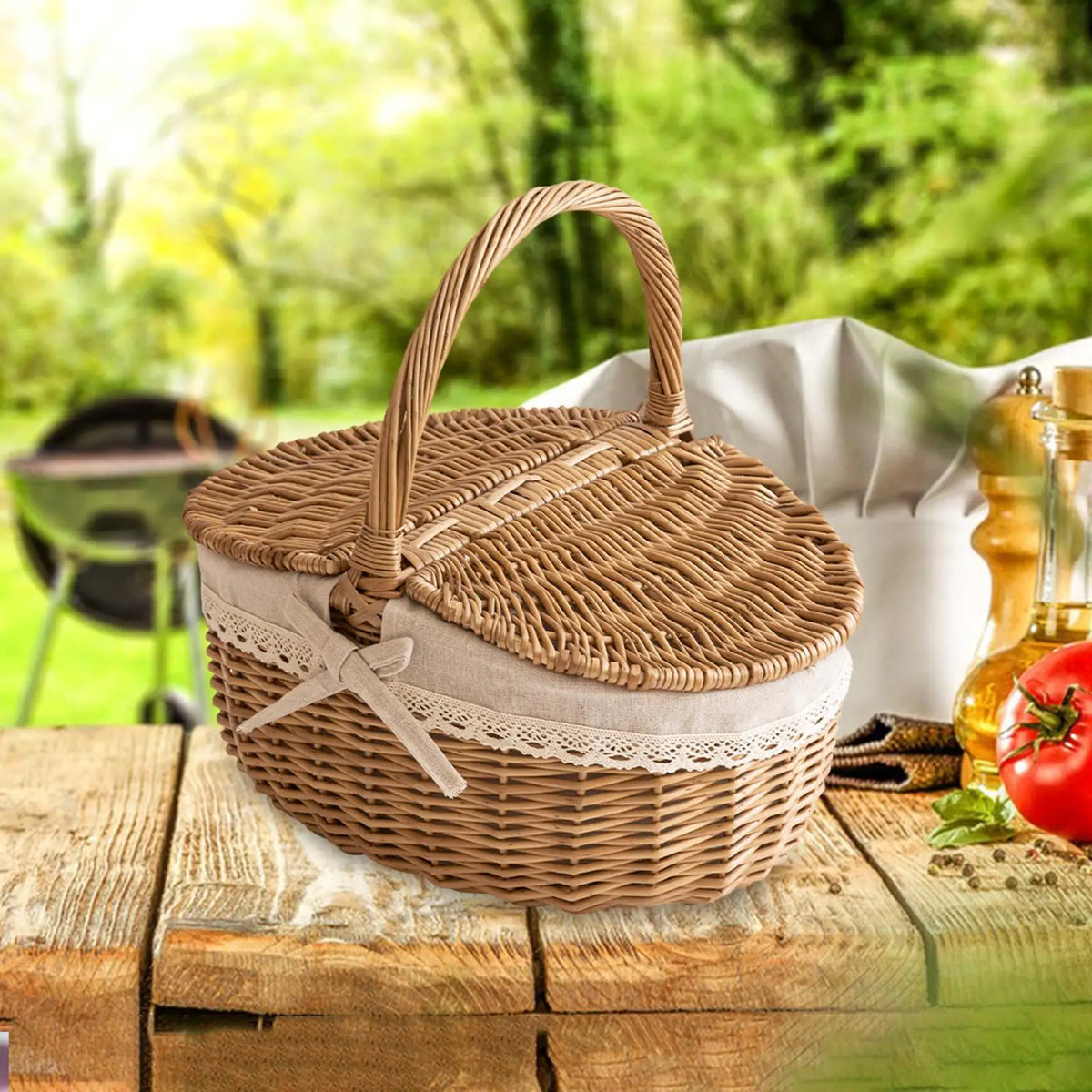 panier tressé rotin poignée toile dentelle couvercle rangement pique nique traditionnel naturel beige