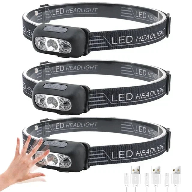 lampe frontale led rechargeable usb puissante portable camping pêche urgence sensoriel chargeur moderne pratique