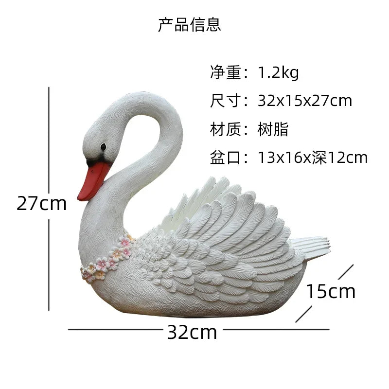 jardin animal sculpture cygne fleuri décoration balcon pot fleur résine décor champêtre plante verte
