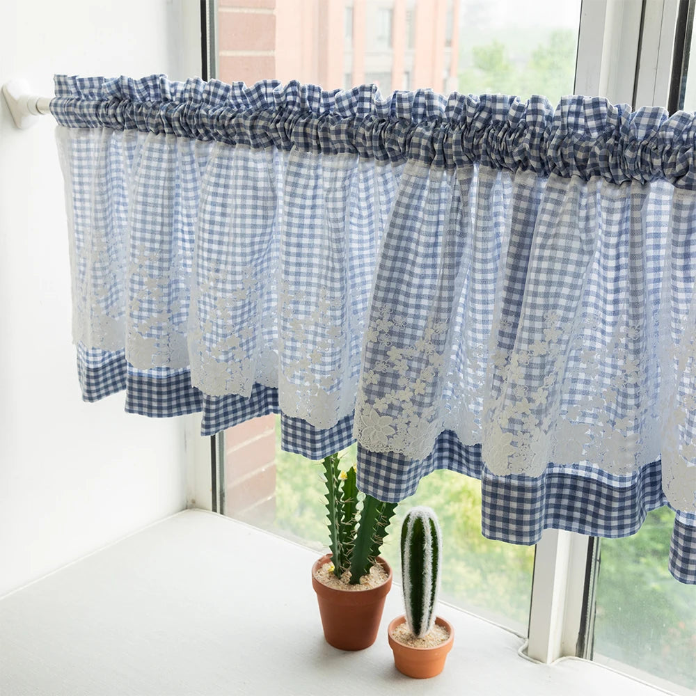 rideau valance gingham dentelle bleu blanc rose blanc noir blanc gris blanc rustique vintage