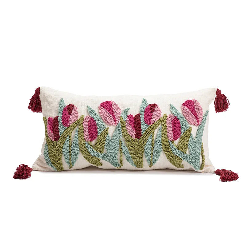 taies d'oreiller fleur tulipes rose verte adhésif tassel polyester blanc traditionnel maison respectueux environnement