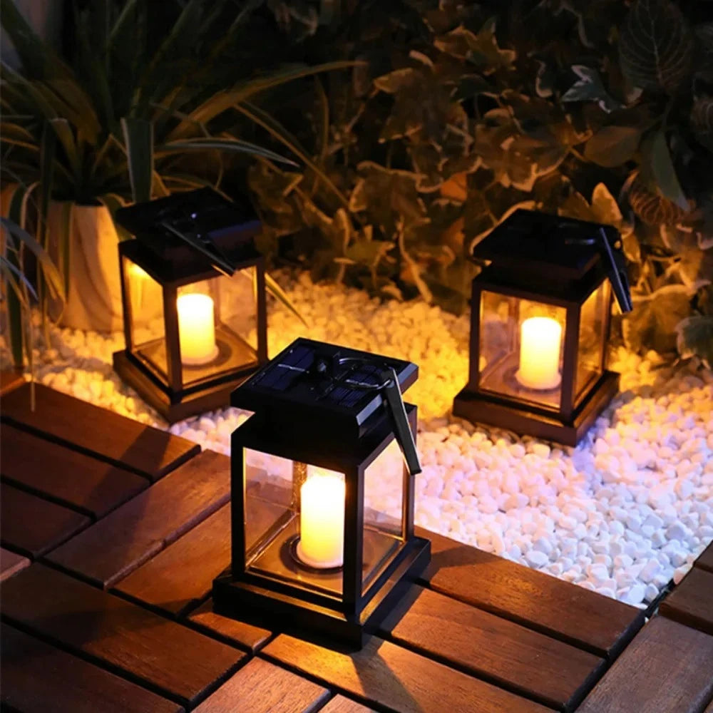 lanterne solaire décorative vintage rustique lumière jaune imitation flamme bougieextérieur ambiance camping jardin decoration