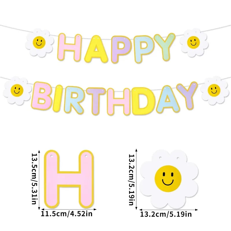 guirlande lettres happy birthday multicolore marguerites souriantes deco anniversaire enfantine festive