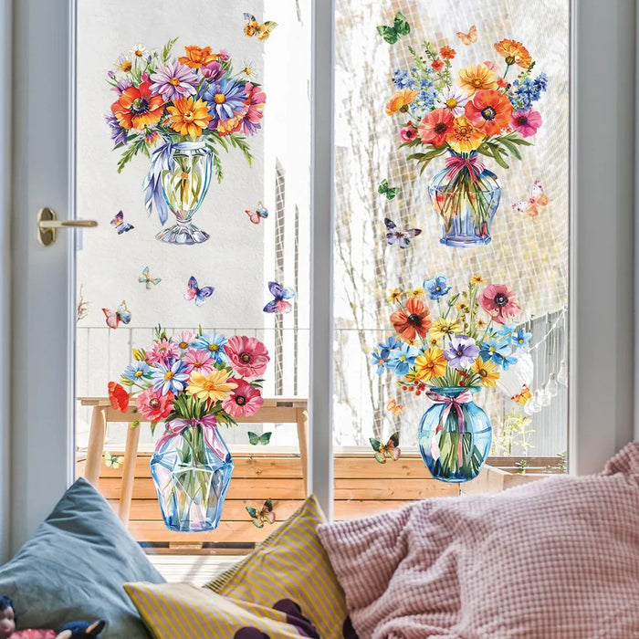 stickers décoratifs fenêtre fleurs vases papillons aquarelle couleurs vives dimension 29cm 23cm pack pièces