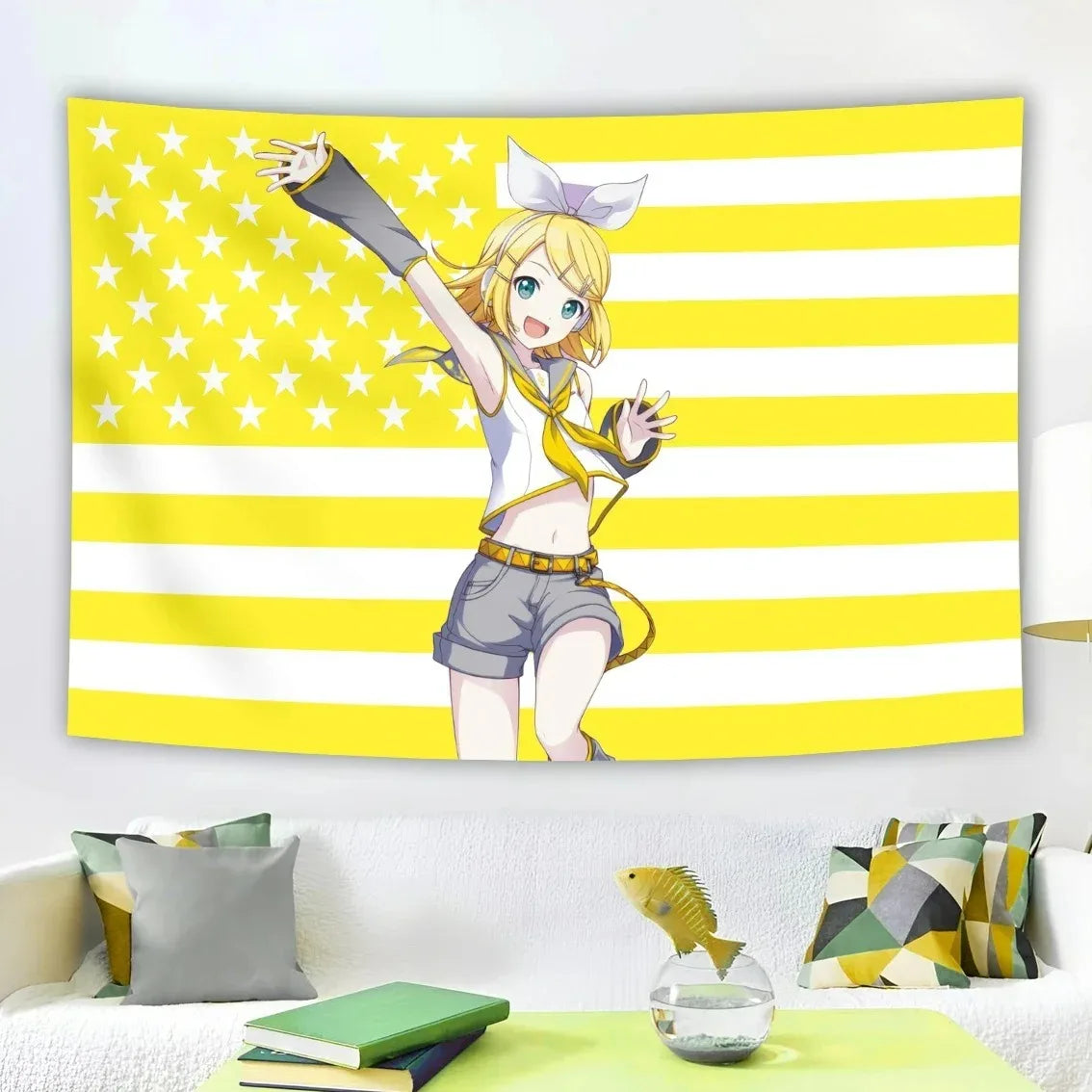 tapisserie moderne étoiles blanches fond jaune personnage animé 40x60cm 60x90cm 90x150cm 120x180cm 150x200cm